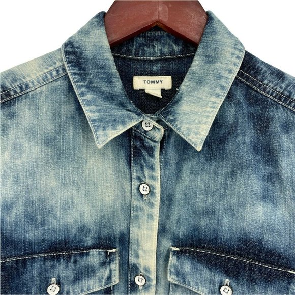 Tommy Button Up Shirt Women's Acid Washed Denim Blue - Picture 7 of 10